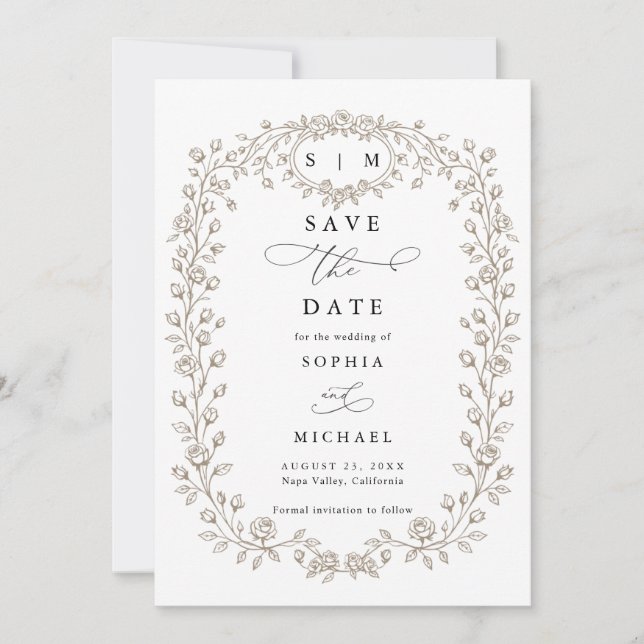 Taupe Floral Line Art Save The Date Invitation Spara Datumet (Framsida)