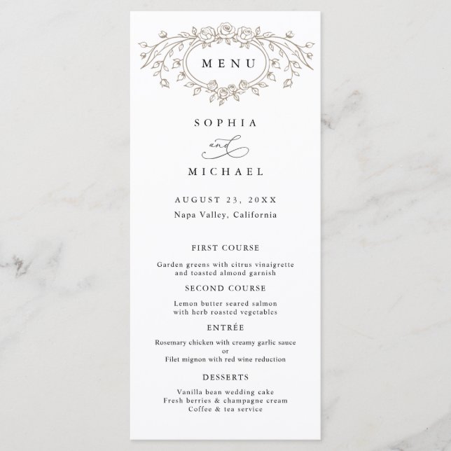 Taupe Floral Line Art Wedding Flat Menu Meny (Framsida)
