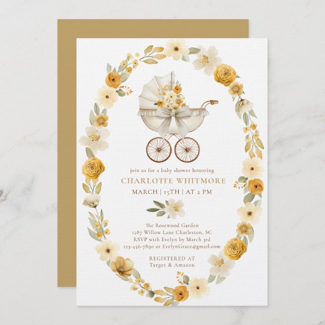 Taupe Floral Pram Baby Shower Invite Inbjudningar (Fram/baksida)
