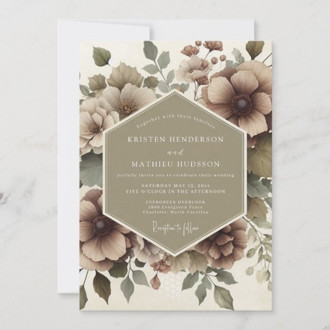 Taupe Floral Romance Wedding Inbjudningar (Framsida)
