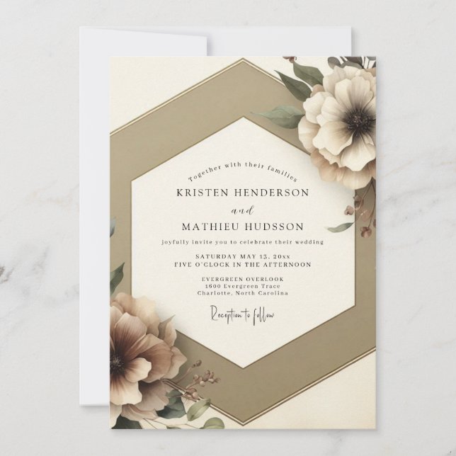 Taupe Floral Romantic Wedding Inbjudningar (Framsida)