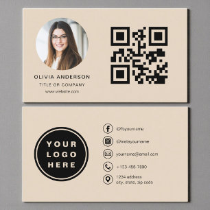 Taupe Foto med QR-kod Sociala Medier Visitkort