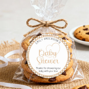 Taupe Gingham Baby Shower Favor Klistermärke