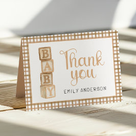 Taupe Gingham Baby Thank You Card | Blocks Tack Kort