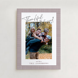 Taupe Gingham Thankful Blsed Thanksgiving Photo Inbjudningar