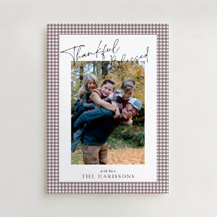 Taupe Gingham Thankful Blsed Thanksgiving Photo Inbjudningar