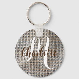 Taupe Grått Linen Design Minimalist Monogram Namn Nyckelring