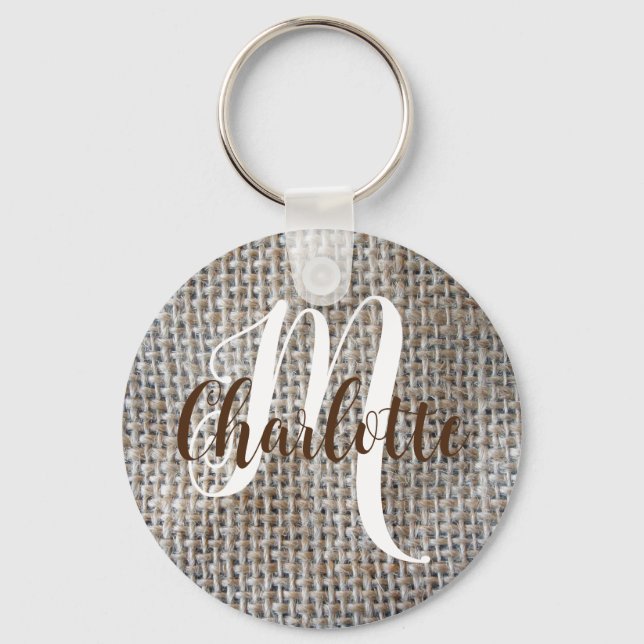 Taupe Grått Linen Design Minimalist Monogram Namn Nyckelring (Framsida)