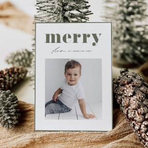Taupe Grönt Bold Merry Typography Photo Jul Julkort