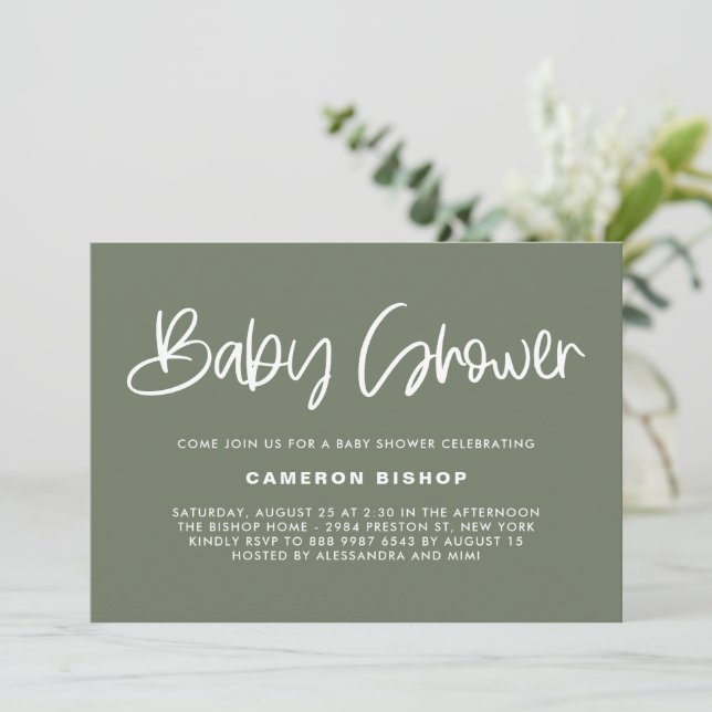 Taupe Grönt Cute Modern Calligraphy Baby Shower Inbjudningar (Stående Fram)