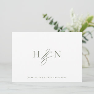 Taupe Grönt Elegant Monogram Bröllop Tack Kort