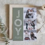 Taupe Grönt JOY Foliage Lettering Photo Collage Helgkort<br><div class="desc">Fira årstiden med vårt anpassade, tre fotokollage julkort, vilket är mycket designat för att sprida helgdag cheer. Med ord "JOY" i elegant bladtypografi mot bakgrund av en serene taupe-grönt är detta kort perfekt för att visa dina favoritfestive-minnen. Anpassa det här fotokollage-julkortet genom att lägga till foton, namn och meddelanden. Perfekt...</div>