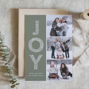 Taupe Grönt JOY Foliage Lettering Photo Collage Helgkort