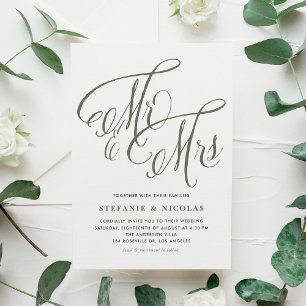 Taupe Grönt Mrs. och Rustic Script Bröllop Inbjudningar