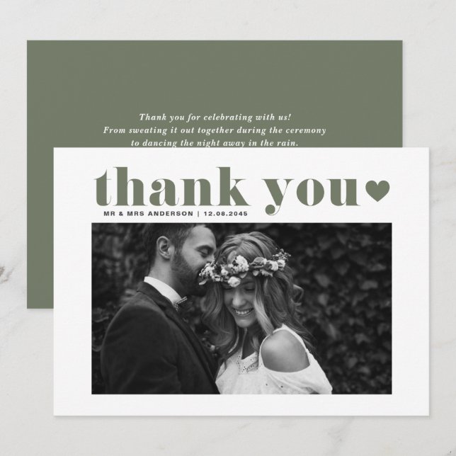 Taupe Grönt Retro Fold Typography Photo Bröllop Tack Kort (Fram/baksida)
