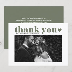 Taupe Grönt Retro Fold Typography Photo Bröllop Tack Kort