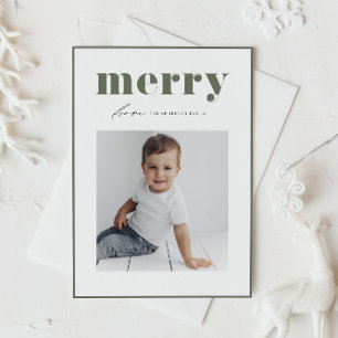 Taupe Grönt Retro Merry Typography Photo jul Helg Vykort