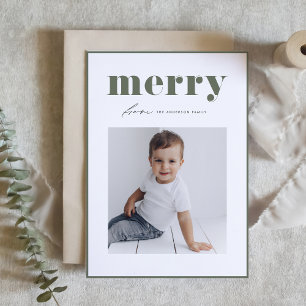 Taupe Grönt Retro Merry Typography Photo jul Helgkort
