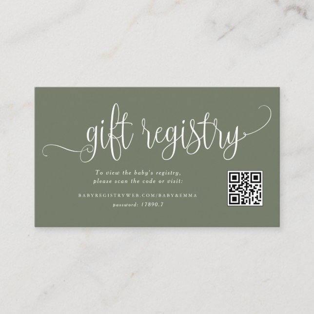 Taupe Grönt Script Baby Shower QR Code Registry Tilläggskort (Framsida)