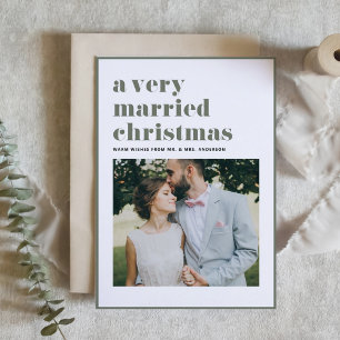 Taupe-Grönten Married jul Modern Photo Bröllop Helgkort