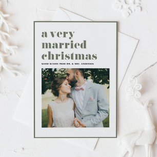 Taupe-Grönten Married jul Modern Photo Bröllop Julkort