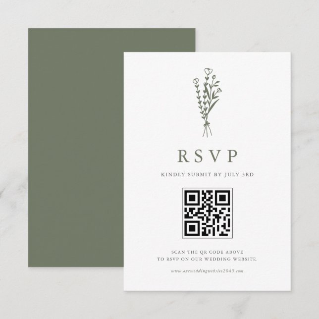 Taupe-Grönten Minimailist Bouquet QR-kod Bröllop OSA Kort (Fram/baksida)