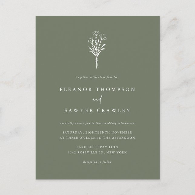 Taupe-Grönten Minimalist Bouquet QR-kod Bröllop Inbjudan Vykort (Framsida)
