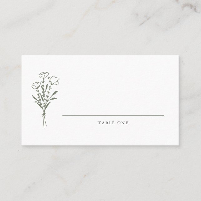 Taupe-Grönten: Minimalistisk Blommigt Bouquet Bröl Placeringskort (Framsida)