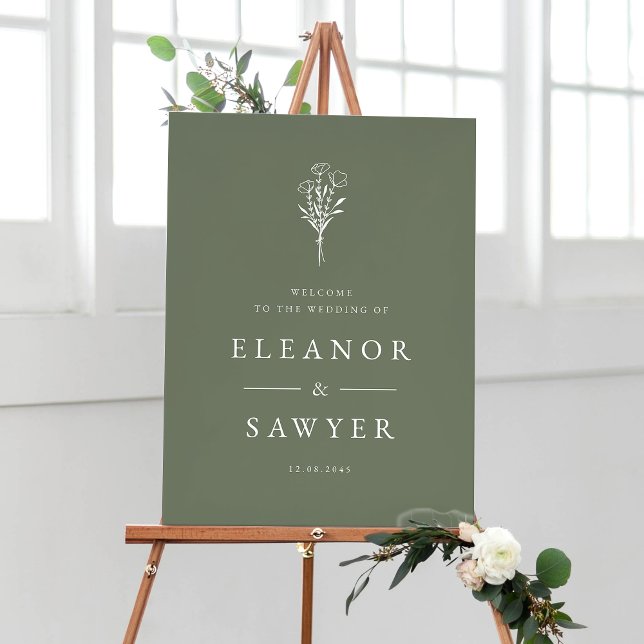 Taupe-Grönten: Minimalistisk Blommigt Bouquet Bröl Poster (Taupe Green Minimalist Floral Bouquet Wedding Welcome Sign)