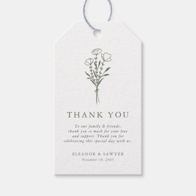 Taupe-Grönten: Minimalistisk Blommigt Bouquet Bröl Presentetikett (Framsidan)