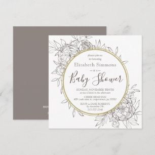 Taupe & Guld Peony Modern Blommigt Toile Baby Show Inbjudningar