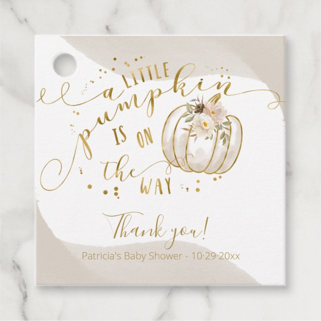 Taupe Guld Pumpkin Fall Baby Shower Tack Gåvor Etiketter (Framsida)