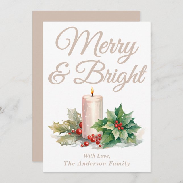 Taupe Handskriven skriptmerry & Bright Julkort (Fram/baksida)