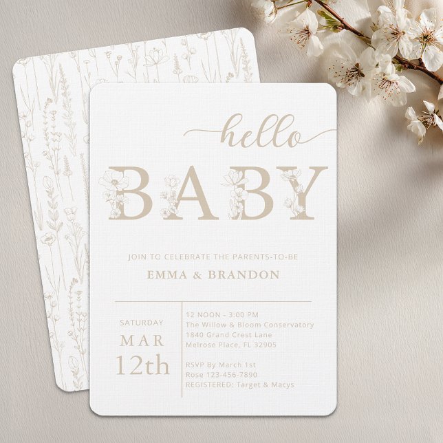 Taupe Hello Baby Wildflower Invitation Inbjudningar (Taupe Floral Baby Shower Invite)