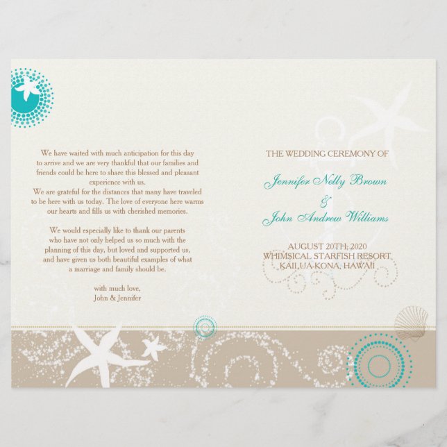 Taupe Ivory Aqua Beach Wedding Bi Fold Program (Framsida)
