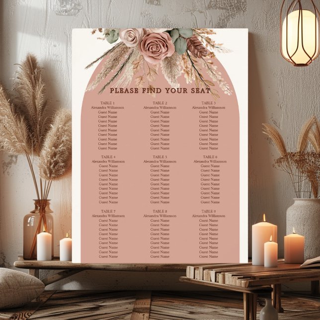 Taupe ivory pampas grass wedding seating chart poster (Skapare uppladdad)