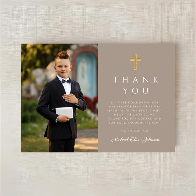 Taupe Kor Boy First Communion Photo Tack Kort (Taupe Cross Boy First Communion Photo Thank You Card)