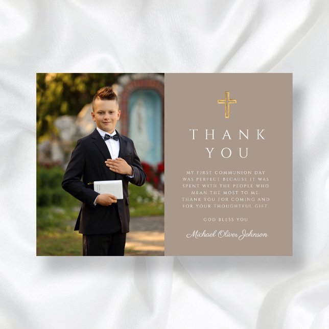 Taupe Kor Boy First Communion Photo Tack Kort (Taupe Cross Boy First Communion Photo Thank You Card)