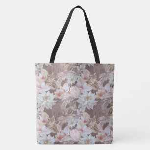 Taupe Leopard Blommigt Mode Tote Tygkasse