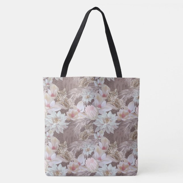Taupe Leopard Blommigt Mode Tote Tygkasse (Framsida)
