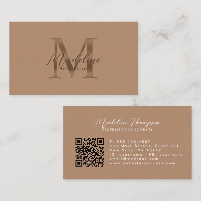 Taupe Metallbrun Monogram Skrift QR-kod Visitkort (Fram/baksida)