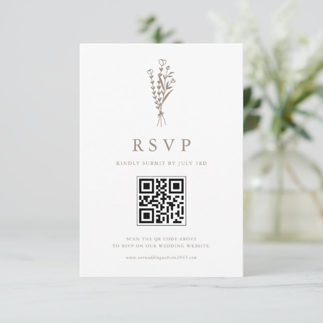 Taupe Minimailist Blommigt Bouquet QR Code Bröllop OSA Kort (Stående Fram)