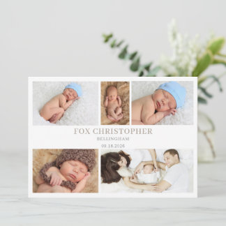 Taupe Minimal Photo Collage Baby Announcement Card Inbjudningar