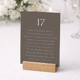 Taupe Minimal Wedding Table Number with Guest List Tack Kort