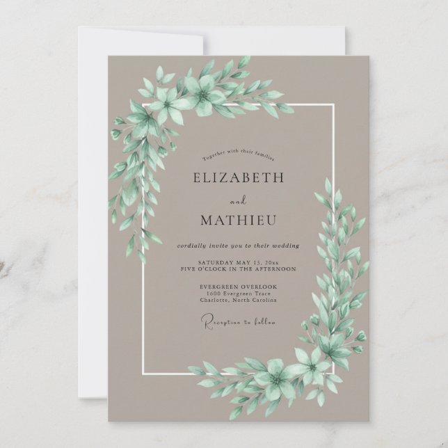 Taupe Mint Lövverk Eucalyptus Bröllop Inbjudningar (Framsida)