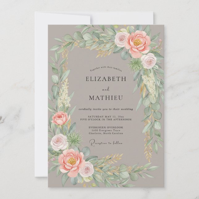 Taupe Mjuk Persika Peony Bröllop Inbjudningar (Framsida)