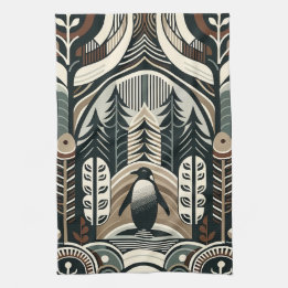 Taupe Mocha Ivory Penguin Forest med Arcs Träd Kökshandduk