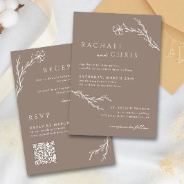 Taupe Mocha Simple Boho Blommigt Botanical QR Code Inbjudningar