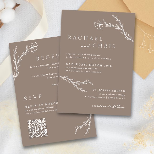 Taupe Mocha Simple Boho Blommigt Botanical QR Code Inbjudningar (Skapare uppladdad)