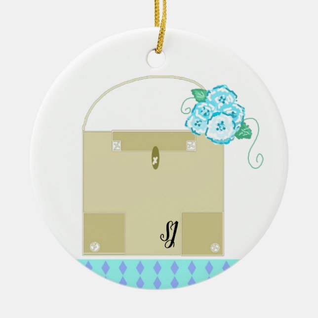 Taupe modehandväska med monogram julgransprydnad keramik (Framsidan)